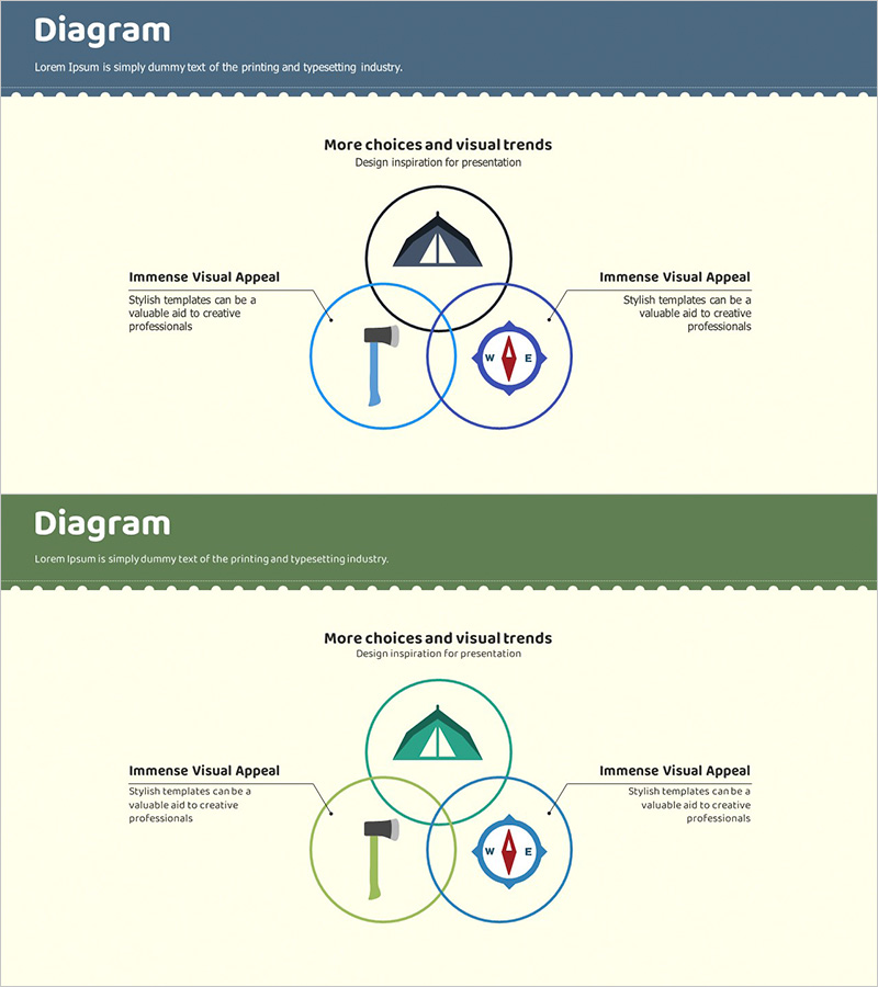 캠핑 인포그래픽 중첩형 다이어그램 – 제품/서비스 비교 강조