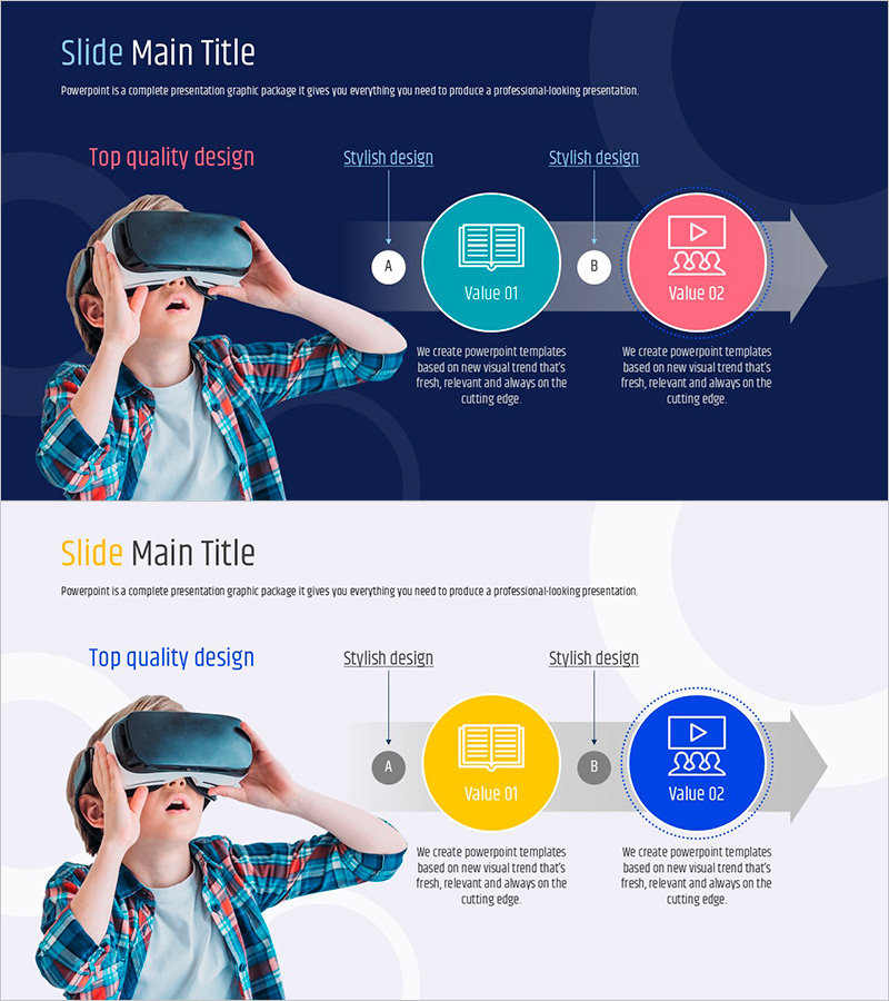 VR 판매 마케팅 전략 PPT 슬라이드 – 선형 흐름 다이어그램