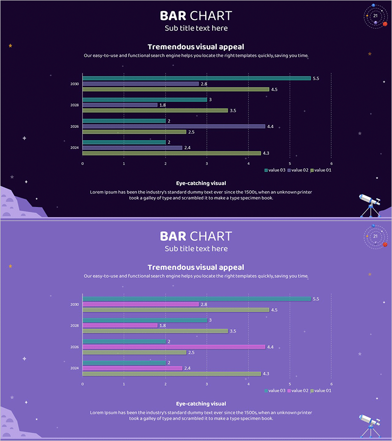 천문학 테마 묶음형 가로막대 – 시장 분석 슬라이드