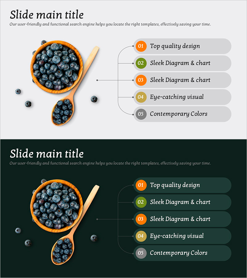블루베리의 효능을 강조한 슬라이드 – 데이터 시각화 및 사업 전략