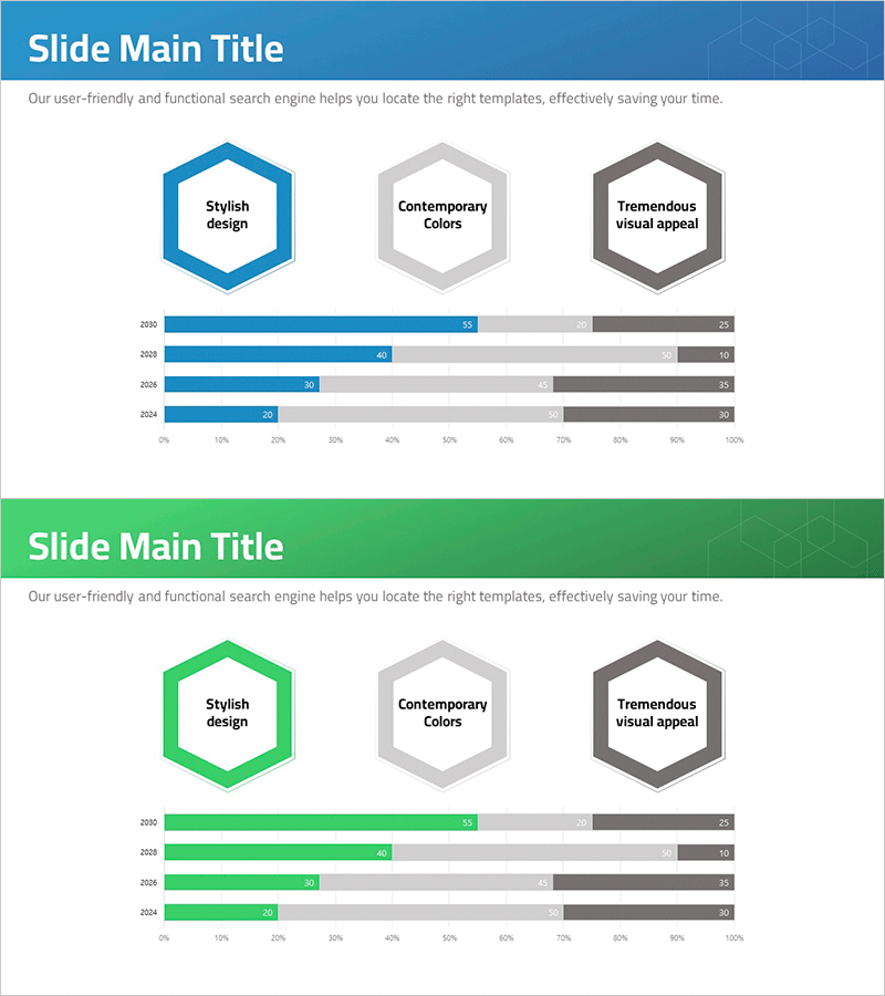 육각형 다이어그램 & 가로막대 그래프 – 시각적 매력을 더하다