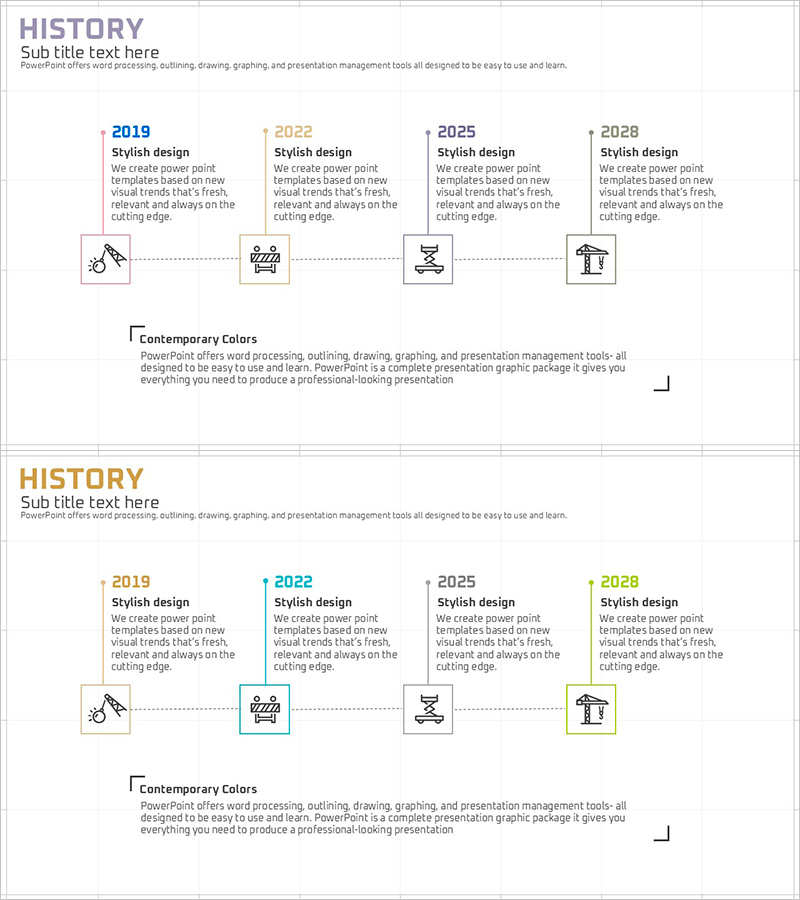 건축 프로젝트 히스토리 다이어그램 슬라이드 – 효율적인 정보 전달