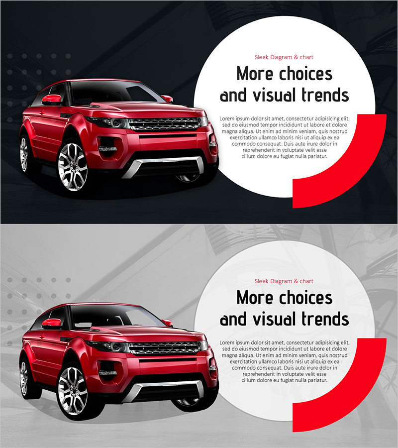 자동차와 원형 텍스트박스 – 사업 비전 및 전략