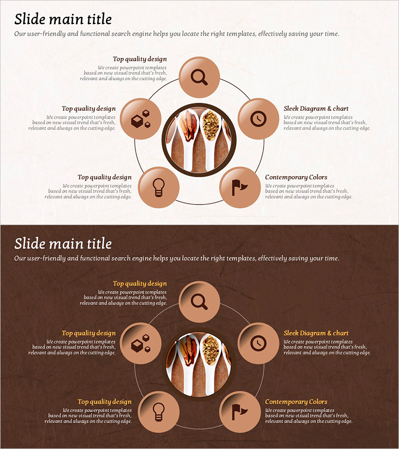 식료품 개발 계획을 위한 중심이 있는 다이어그램 슬라이드