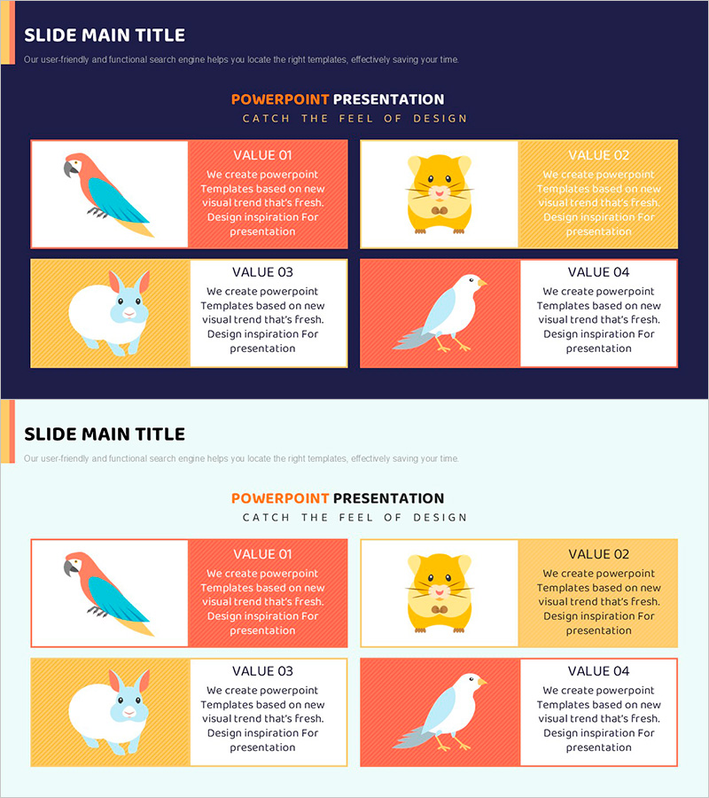 애완동물별 특징을 설명하는 클러스터 다이어그램 슬라이드