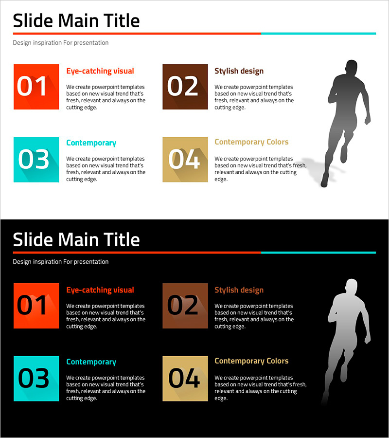 달리기 수칙을 소개하는 다이어그램 슬라이드 – 비전과 전략