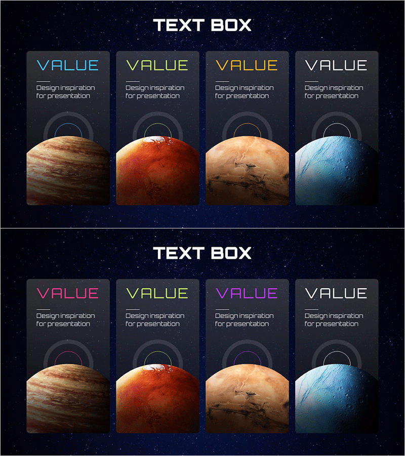 우주 테마의 텍스트 박스 슬라이드 디자인 – 혁신과 창의성