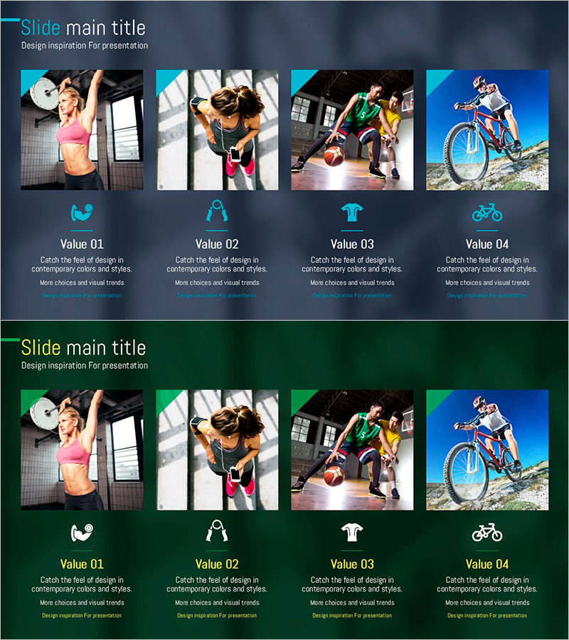 운동별 특징을 설명하는 클러스터 다이어그램 슬라이드