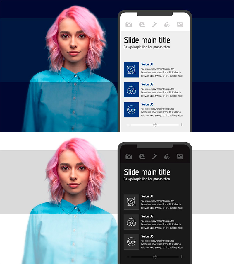 인물 사진 촬영 기능을 강조한 슬라이드 – 비즈니스와 창의성의 조화