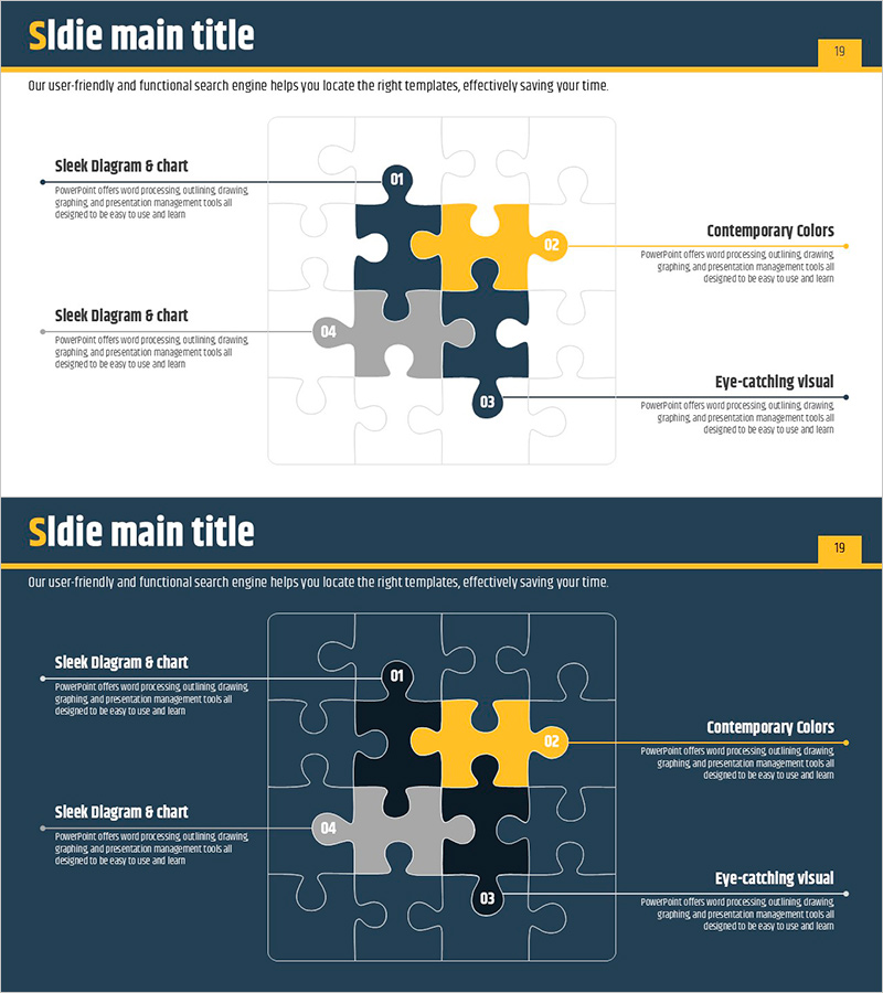 연결된 퍼즐의 확산 다이어그램 – 사업 전략 시각화