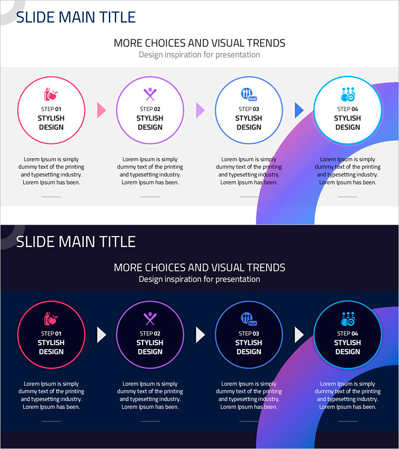 보라색 써클 흐름 다이어그램 – 사업 추진 전략을 매력적으로 시각화
