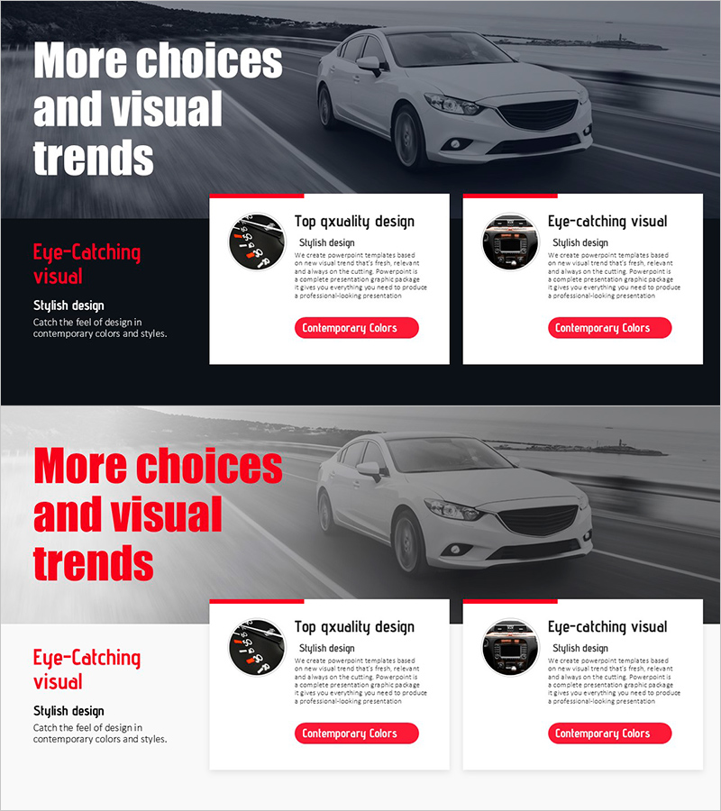 자동차 기능 분석 슬라이드 – 최신 비주얼 트렌드를 반영한 디자인