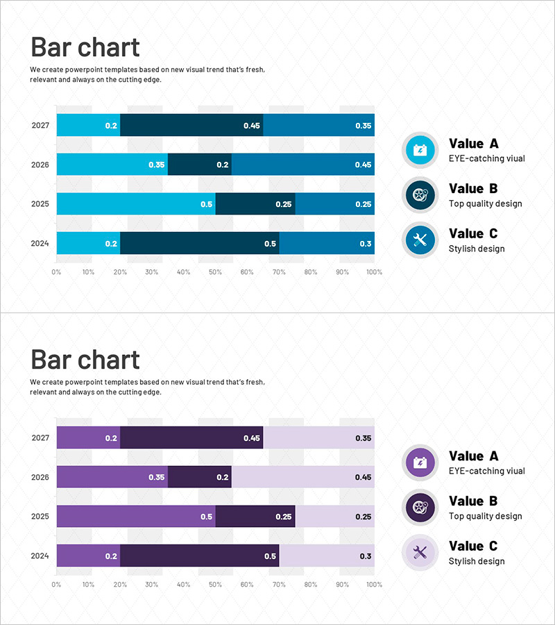 파란색과 보라색의 연도별 시장 동향 슬라이드