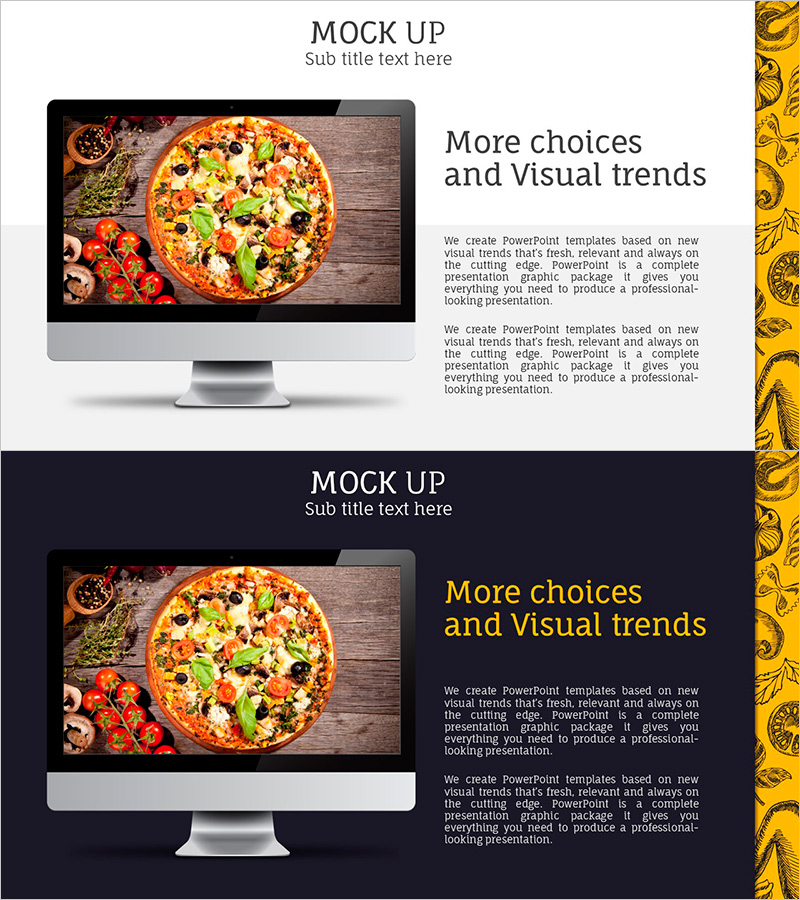 피자 목업과 텍스트 칼럼 – 제품 소개에 최적화된 슬라이드