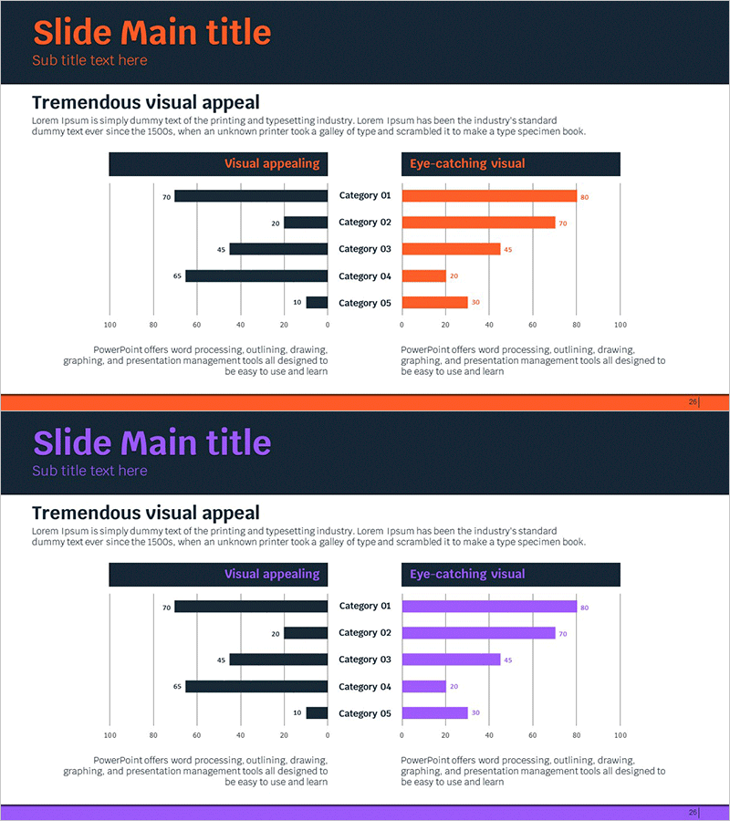 오렌지 퍼플 쌍가로막대 그래프 – 시장 분석 도구