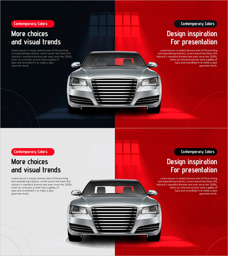 자동차 모형이 있는 반반 텍스트 슬라이드 – 시각적 트렌드를 반영한 디자인