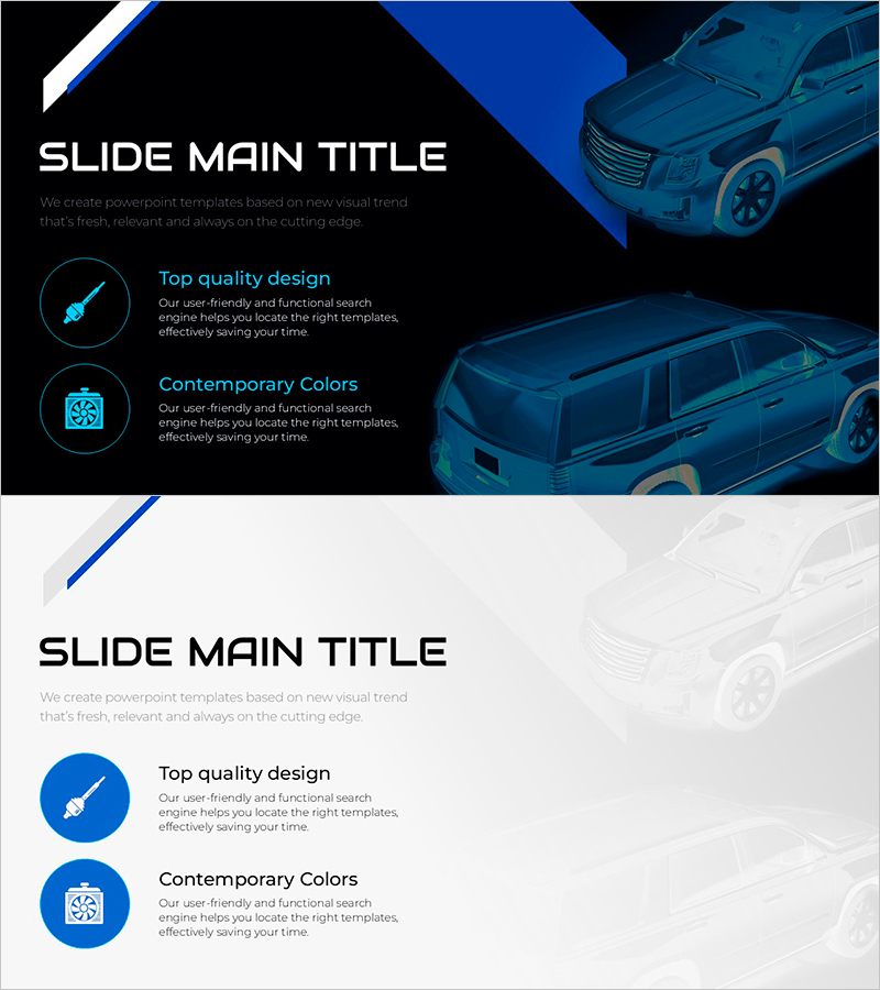 차량 도색 소개 슬라이드 – 품질과 현대적 색상 강조