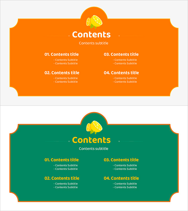 레몬 메뉴판 프레임의 목차 슬라이드 – 신선한 아이디어를 담다