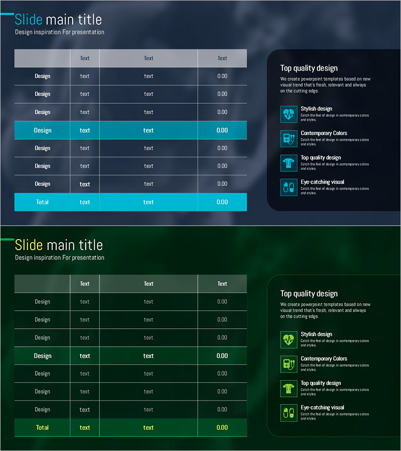 블루 그린 테이블 슬라이드 – 재무 성과를 한눈에