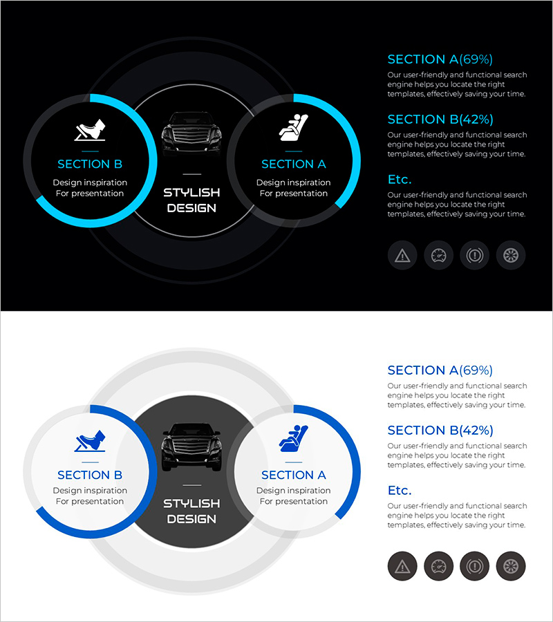 차량 브레이크와 좌석 설명을 위한 다이어그램 슬라이드
