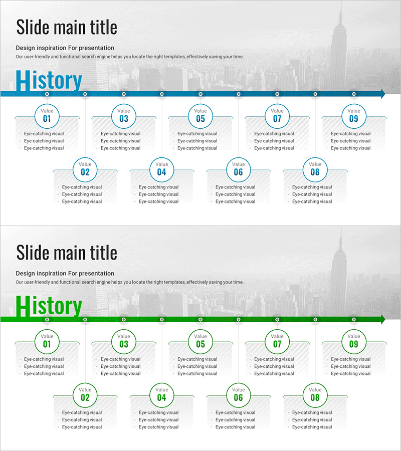 연도별 연구 목록 슬라이드 – 사업 전략과 비전