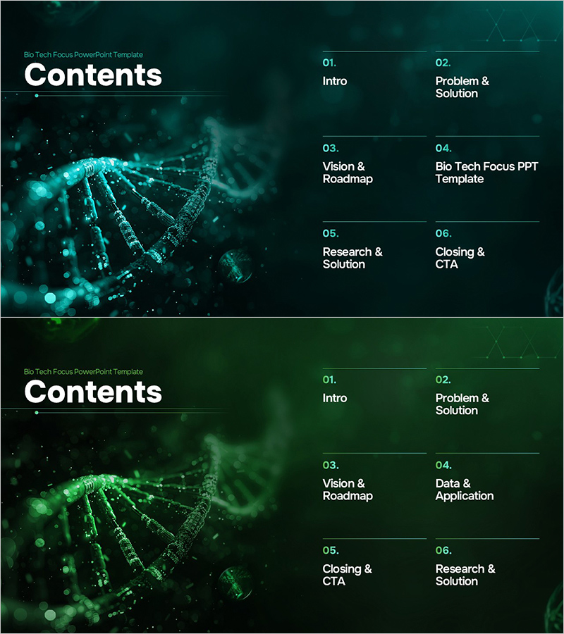 바이오 기술 목차 슬라이드 – 혁신과 해결책
