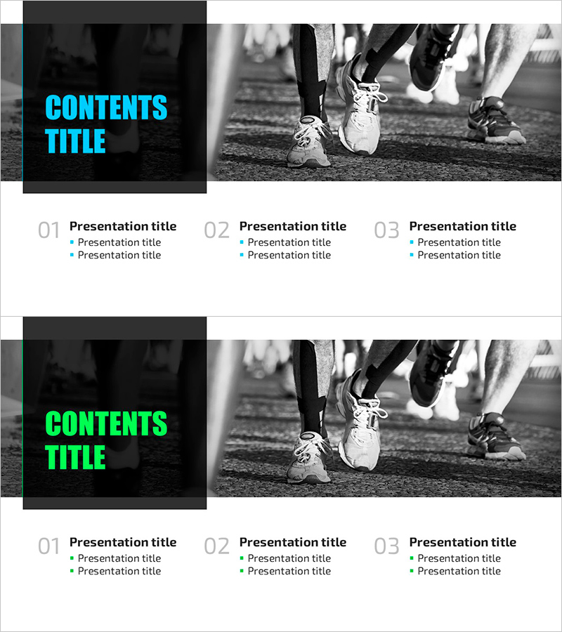 운동 주제의 목차 슬라이드 – 헬스 및 스포츠 프레젠테이션