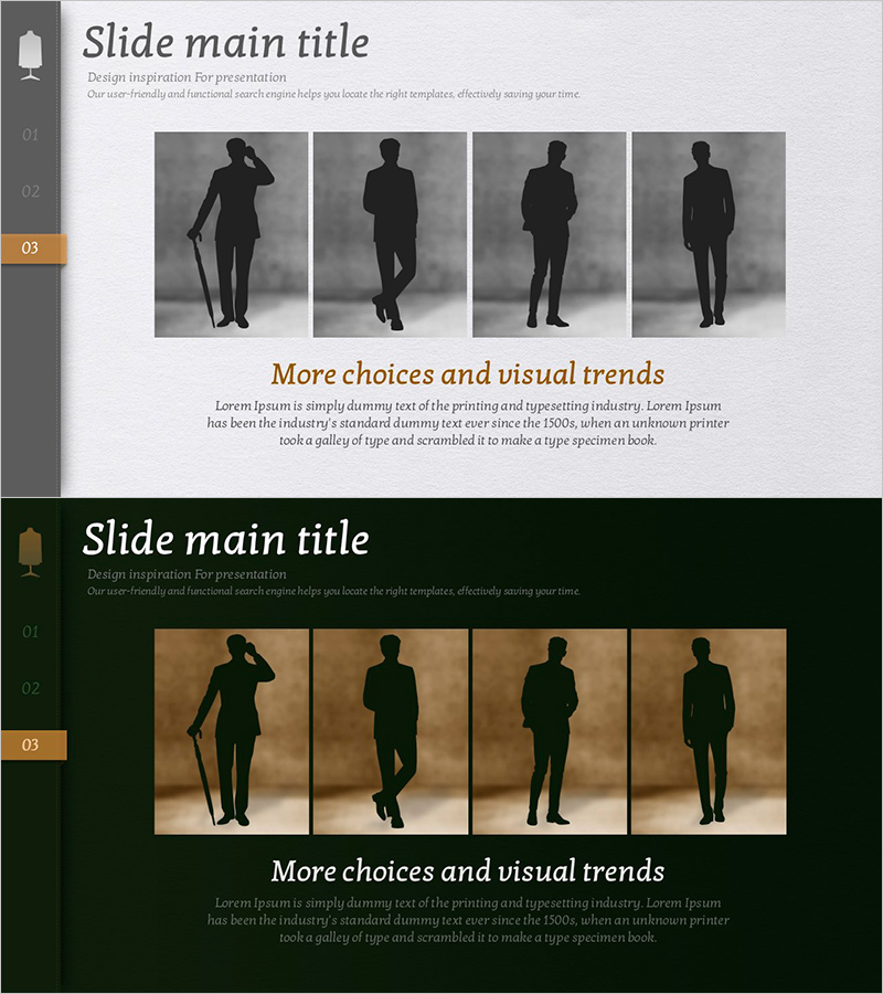 남성 정장 실루엣을 강조한 PPT 슬라이드 – 제품의 매력을 시각적으로