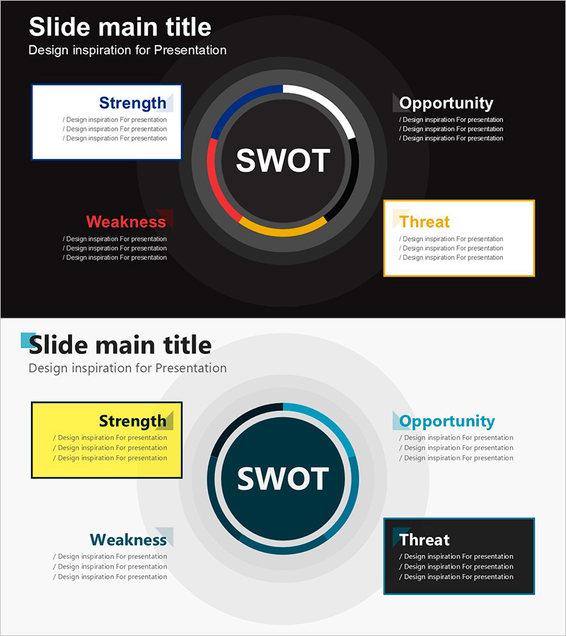 포인트 컬러 SWOT 분석 슬라이드 – 강점과 기회