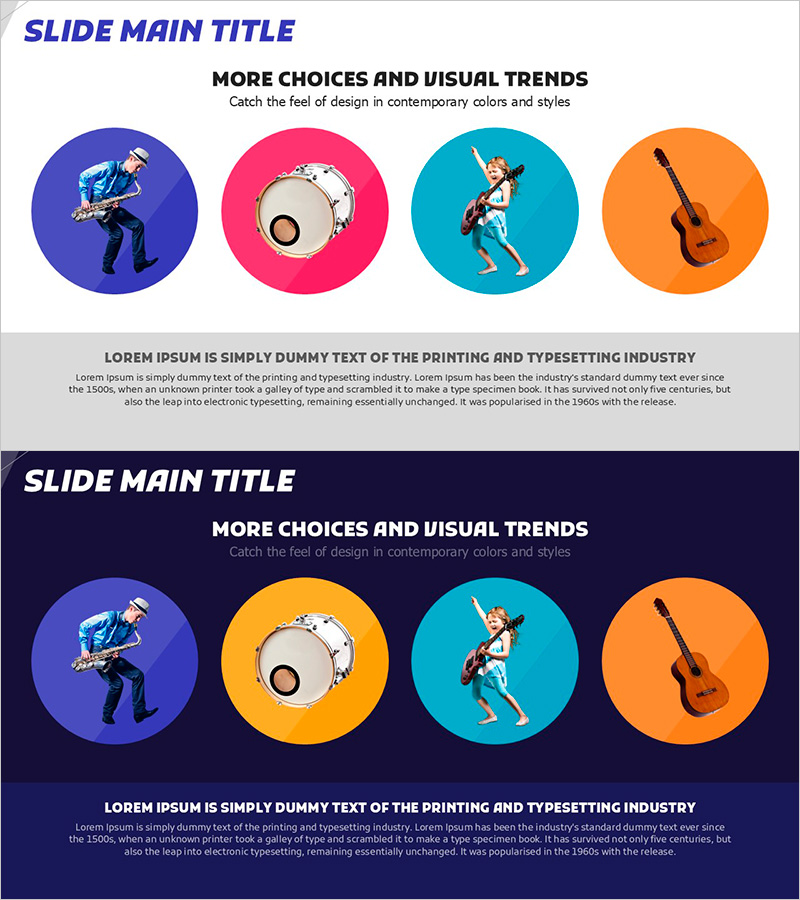 음악 페스티벌 악기 슬라이드 템플릿 – 현대적 비주얼과 색상 활용