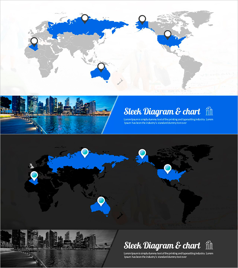 해외 출장 지역을 시각화한 지도 PPT 슬라이드