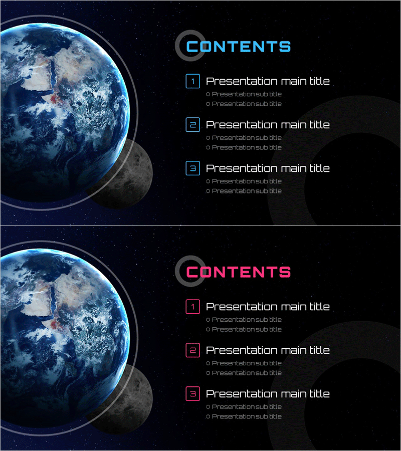 우주 테마의 목차 슬라이드 – 정보 전달의 혁신