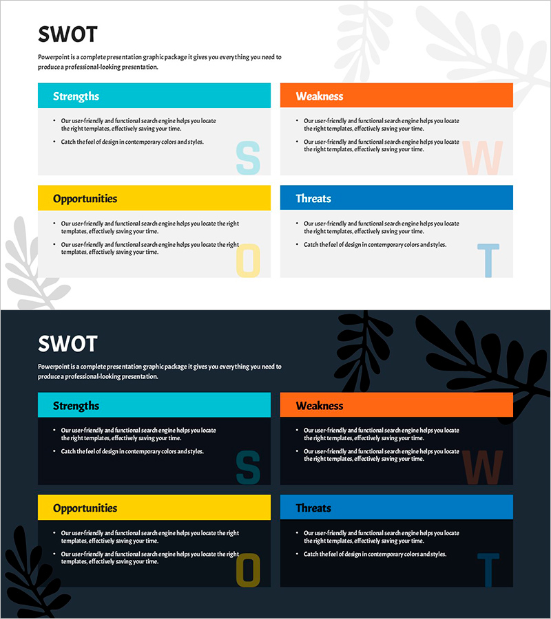 컬러풀 SWOT 분석 슬라이드 – 사업 기회와 도전 탐색