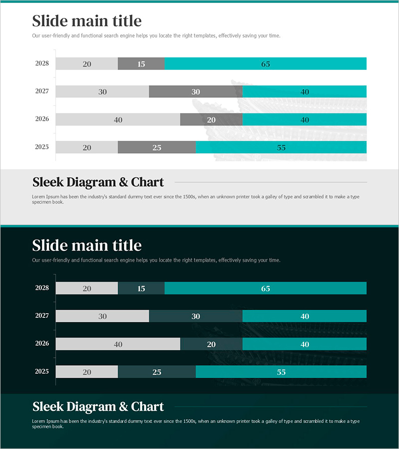 4년간의 변화 수치를 시각화한 가로막대 그래프 슬라이드