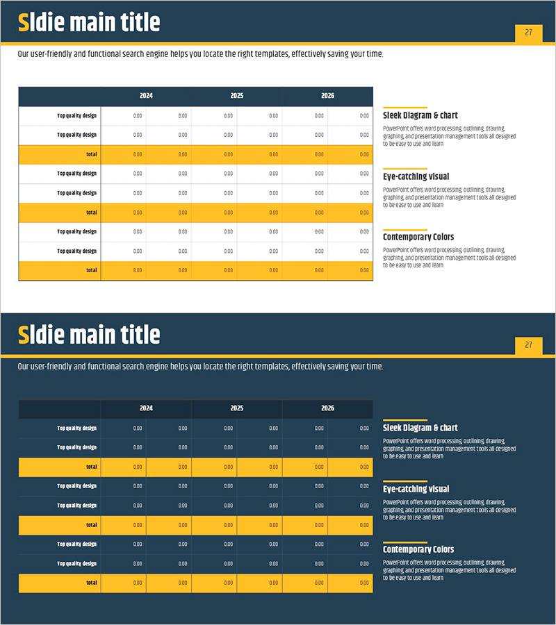 네이비 옐로우 테이블 차트 – 재무 계획 시각화