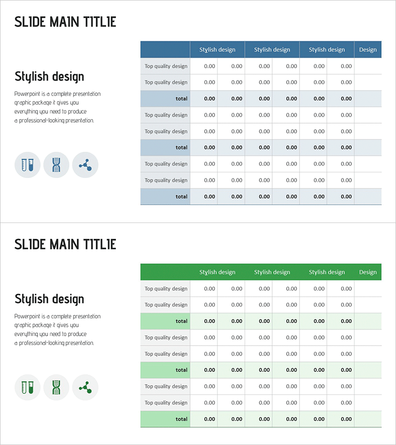 세련된 디자인의 데이터 테이블 PPT 슬라이드
