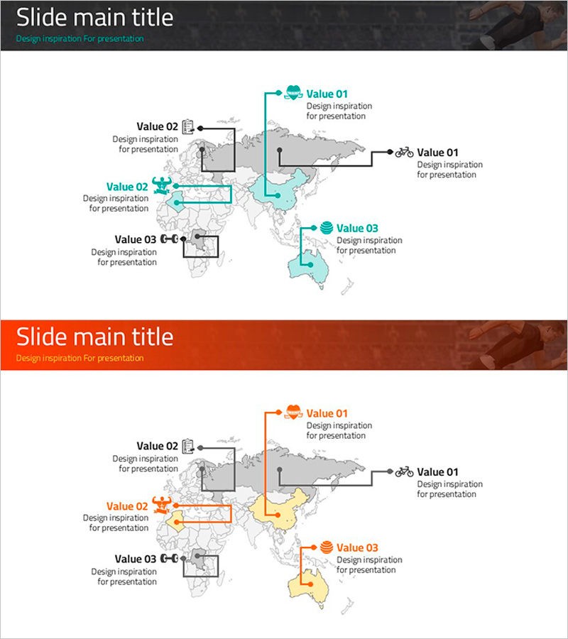 운동 아이콘과 맵을 활용한 시장 분석 슬라이드