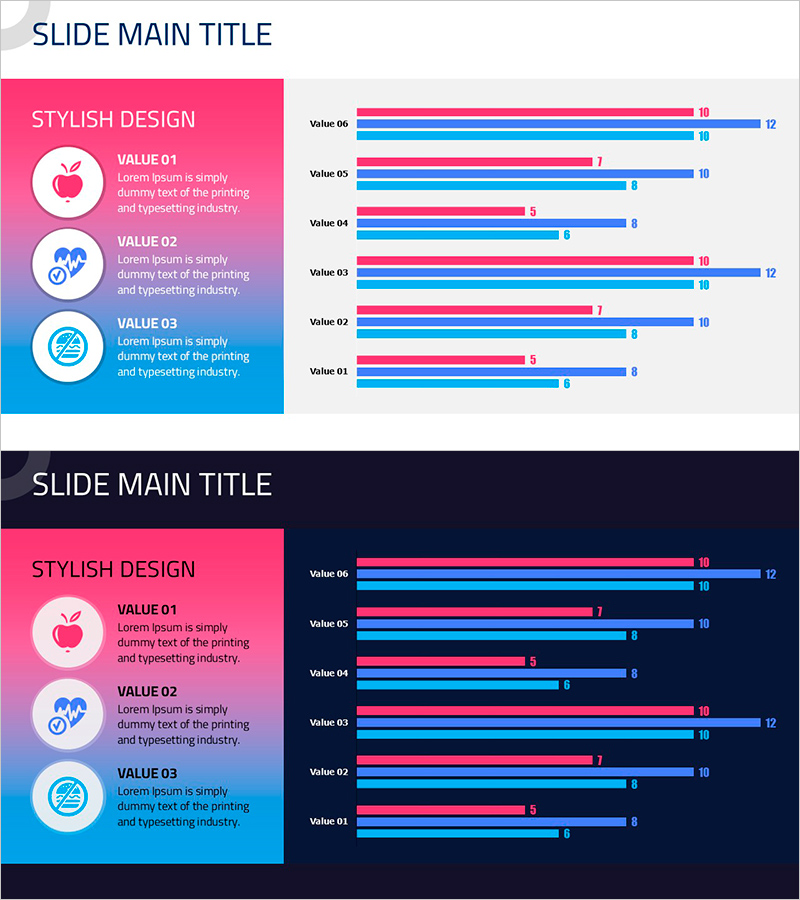 핑크 블루 비교형 가로막대차트 – 시각적으로 강렬한 데이터 비교
