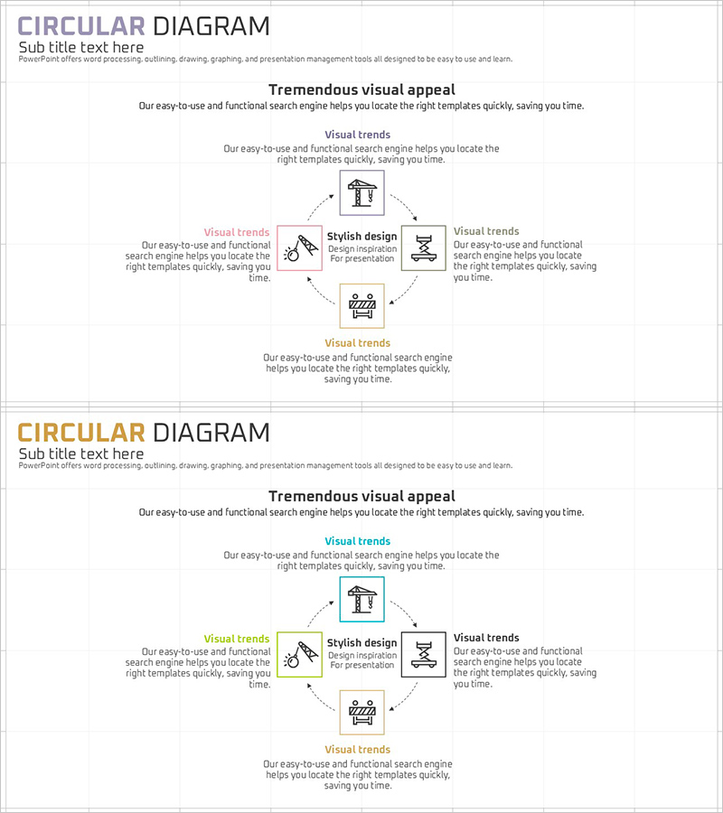 건축 과정과 전략을 시각화한 순환 다이어그램 슬라이드