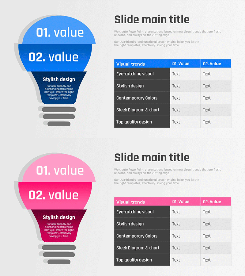 전구모양 다이어그램과 테이블 차트 – 마케팅 목표 및 전략 분석
