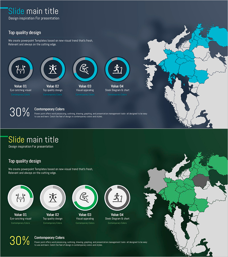 운동별 시장 점유율을 시각화한 도넛형 슬라이드