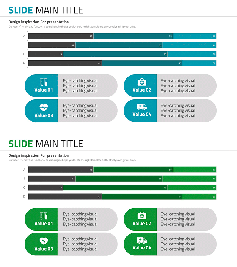 세분형 막대 그래프 및 알약 모양 다이어그램 – 마케팅 전략 강조