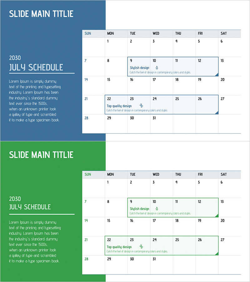 모던 디자인의 2030년 7월 일정 슬라이드 – 품질과 스타일