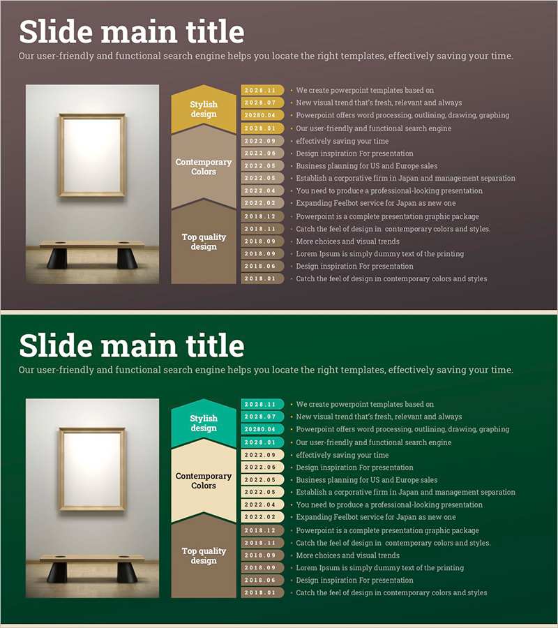 갈색과 초록으로 구성된 연혁 슬라이드 – 효과적인 기업 소개
