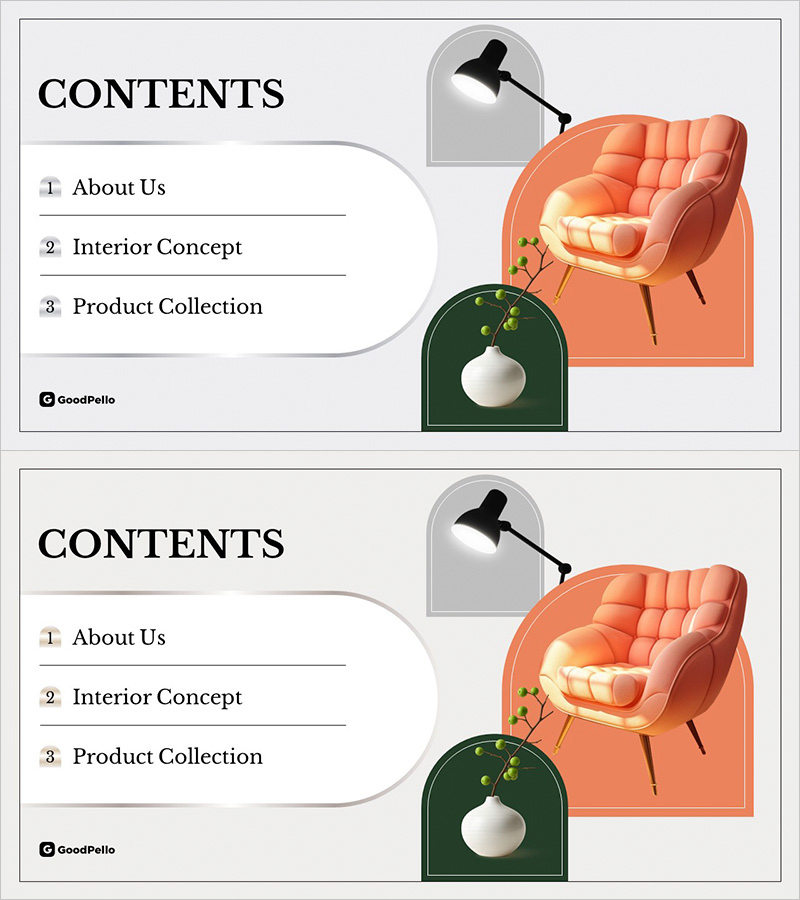 자연스러운 소재와 절제된 디자인의 제품 목차 슬라이드