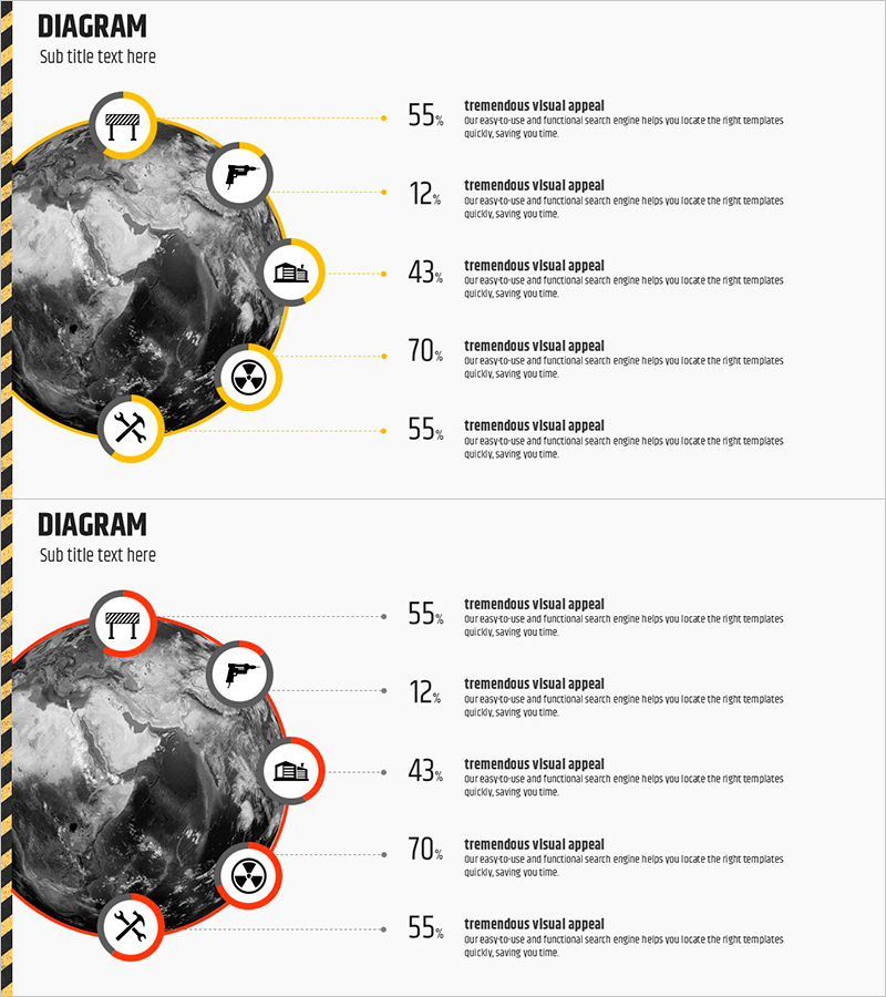 기술별 개발 현황을 나타낸 다이어그램 슬라이드 - 정보의 중심