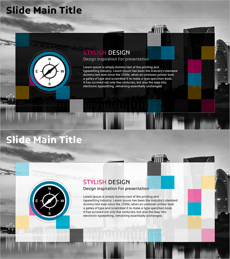 나침반과 텍스트박스를 활용한 사업 추진 전략 슬라이드