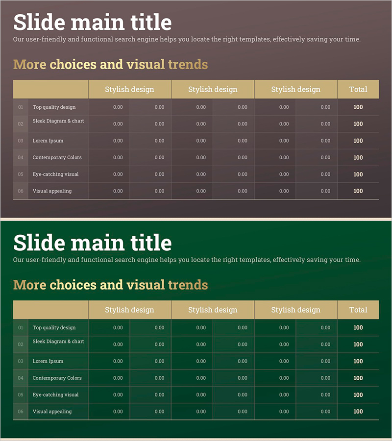 골드 테이블 디자인 다이어그램 – 세련된 비주얼