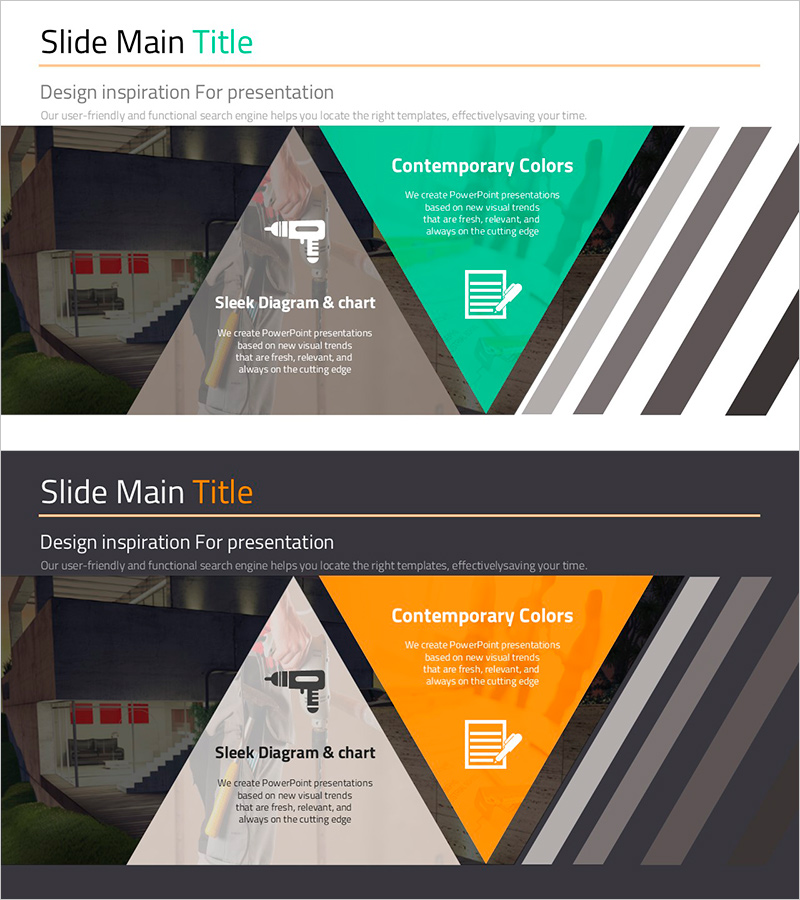 공업 이미지와 삼각형 텍스트 박스 – 혁신적 제품 소개