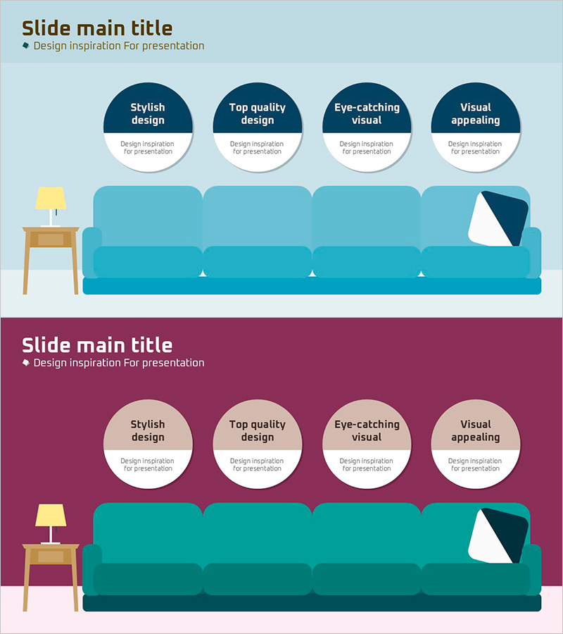 원 다이어그램과 쇼파 일러스트로 서비스 소개 – 혜택과 장점